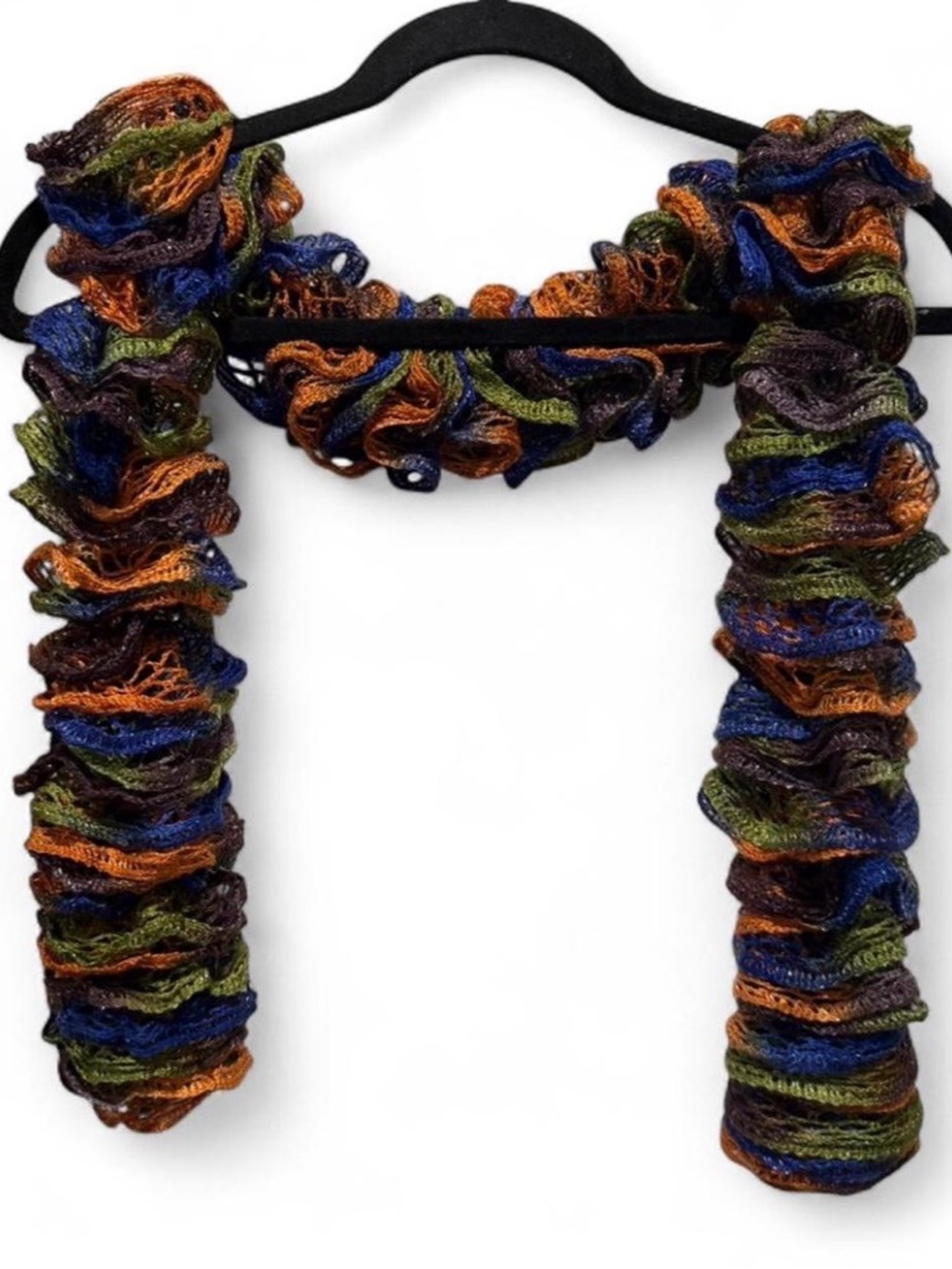 Multicolor Ruffle Knit Scarf in Blue, Orange & Green